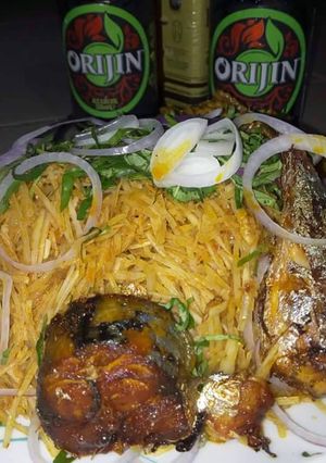 A picture of Abacha with fried titus fish.