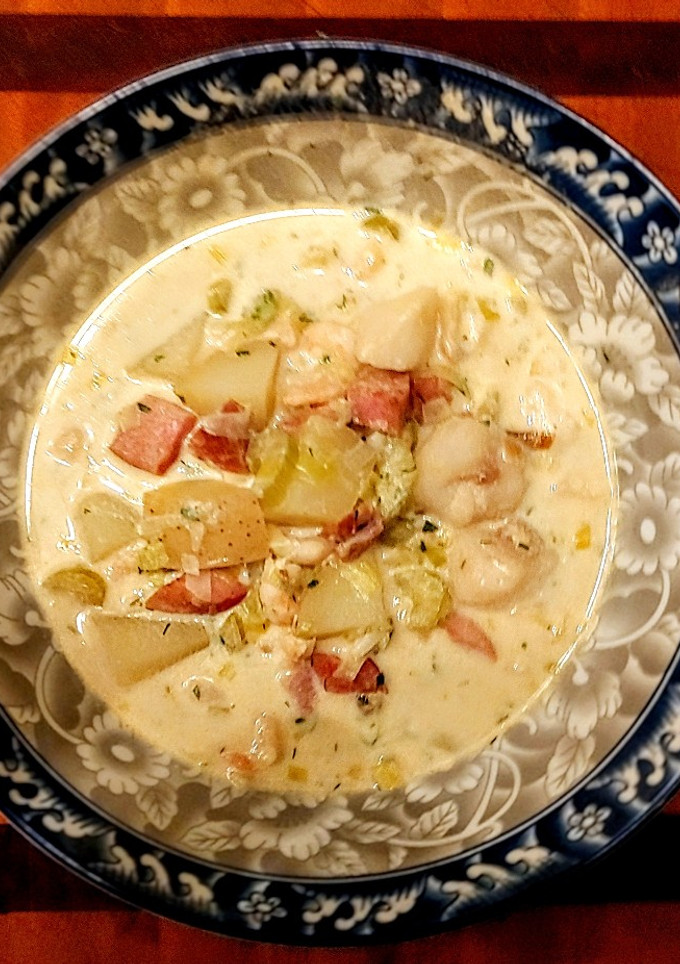 A picture of Smokey Kielbasa and Cod Cheek Chowder.