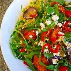 A picture of Bulgur Wheat with Mint, Feta and Veggie 'Chorizo' Sausages.