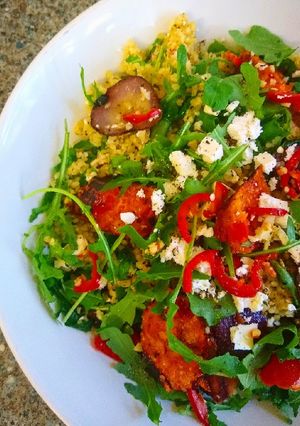 A picture of Bulgur Wheat with Mint, Feta and Veggie 'Chorizo' Sausages.