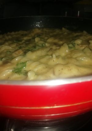 A picture of Bechamel sauce mushroom Fusilli pasta.