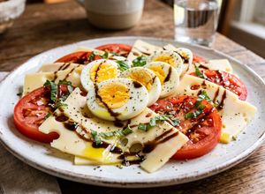 Una foto de 🥗 Caprese Proteica con Huevo y Queso (Cena Express Low-Carb en 10 Minutos)