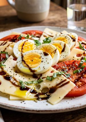 Una foto de 🥗 Caprese Proteica con Huevo y Queso (Cena Express Low-Carb en 10 Minutos)
