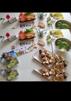 Una foto de Menú del 40 aniversario de Zelda, tortilla, brocheta de carne y setas, arroz cremoso y manzana-miel