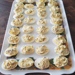 A picture of Brad's bacon and smoked cheddar deviled eggs.
