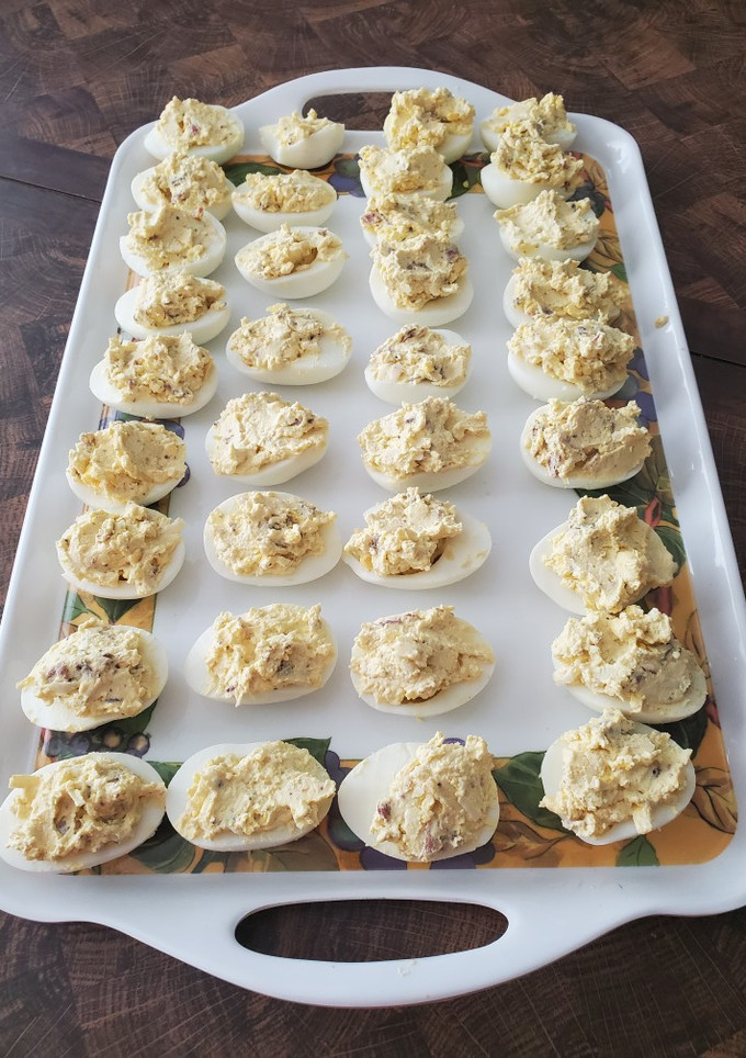 A picture of Brad's bacon and smoked cheddar deviled eggs.