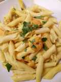 Garganelli with prawns, saffron and round courgette