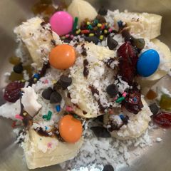 A picture of Colourful Banana-Coconut treat.