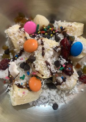 A picture of Colourful Banana-Coconut treat.