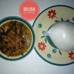 Cocoyam soup (ede) and semovita A picture of Cocoyam soup (ede) and semovita.
