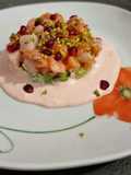 Tartar salmone e spada,con avocado,melograno,maionese di fragole