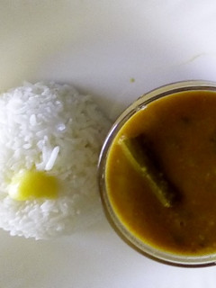 A picture of Rice and drumstick sambar.