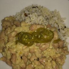 A picture of Vegan cheesy beans and rice.
