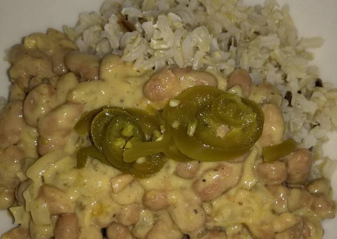 vegan cheesy beans and rice recipe main photo
