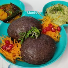 A picture of Ragi Mudde With Carrots Sambar & Idli Dosa Chutney.