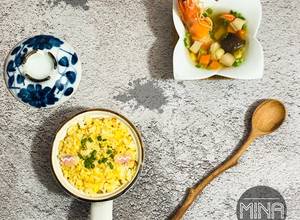 Hình của món Cơm chiên trứng-soup tôm nấm rau củ -ăn dặm.