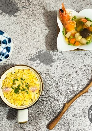 Hình của món Cơm chiên trứng-soup tôm nấm rau củ -ăn dặm.