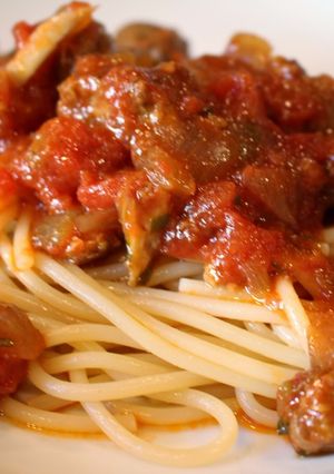 A picture of Slow Cooker Tomato Pasta Sauce with Italian Sausage.