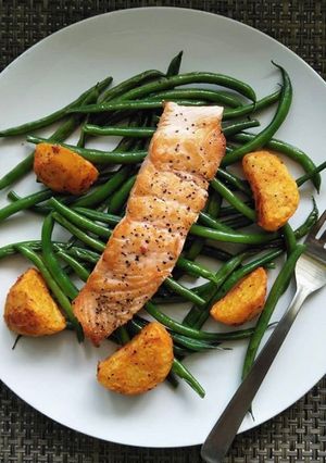 A picture of Pan-Seared Salmon With French Beans & Roasted Potatoes.