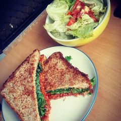 A picture of Bolognese Sandwich with Simple Salad.