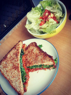 A picture of Bolognese Sandwich with Simple Salad.