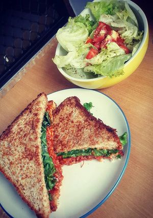 A picture of Bolognese Sandwich with Simple Salad.