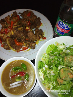 A picture of Stir fried beef, salad and shredded beef sauce.