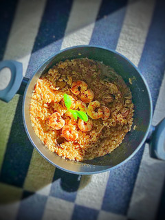 A picture of Porcini Risotto with Shrimps and Mushrooms.