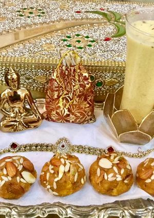 A picture of Atta-besan Laddos,Kesar-badam thandai.