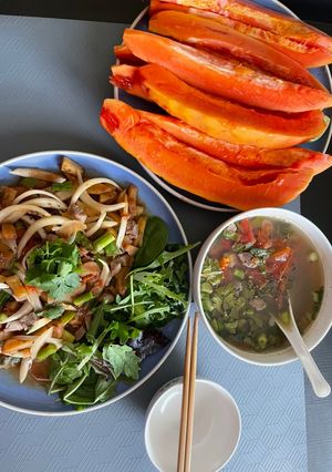A picture of Two Ways with Beef: Beef with Potato Sauce and Beef Soup with Vietnamese Coriander.