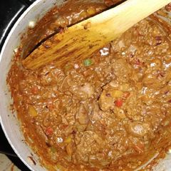 A picture of Chicken livers and Savory Brown rice.