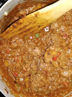 A picture of Chicken livers and Savory Brown rice.