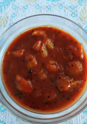 A picture of Sweet and Spicy Raw Mango Curry with Jaggery.