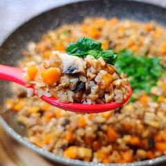 A picture of Grown-Up Buckwheat Dinner with Diced Mushrooms and Vegetables (30-Minute One-Pan Meal).