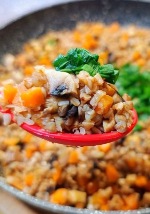 A picture of Grown-Up Buckwheat Dinner with Diced Mushrooms and Vegetables (30-Minute One-Pan Meal).