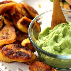 A picture of Platanos Maduros(Fried Plantains) with Maple Ginger Avocado Dip.