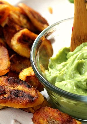 A picture of Platanos Maduros(Fried Plantains) with Maple Ginger Avocado Dip.