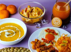 Foto resep Set menu 12 bahan oranye (jeruk, wortel, melon, golden berry, labu, mangga, pepaya, cabai, ubi dll)