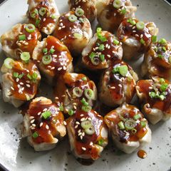 A picture of Pan-fried Mini Dim Sims (Shumai) with Teriyaki Sauce.