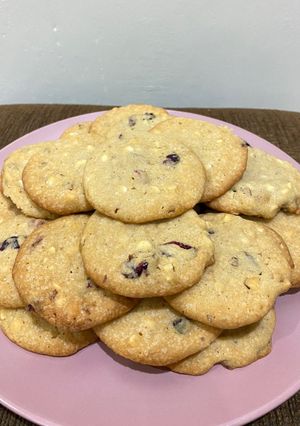 A picture of Double Berry white choc chip cookie.