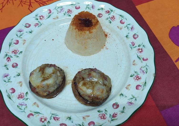 Champiñones rellenos con volcán de patata cocida