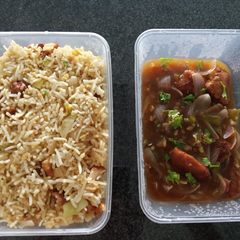 A picture of Chicken Fried Rice with Chicken Manchurian.