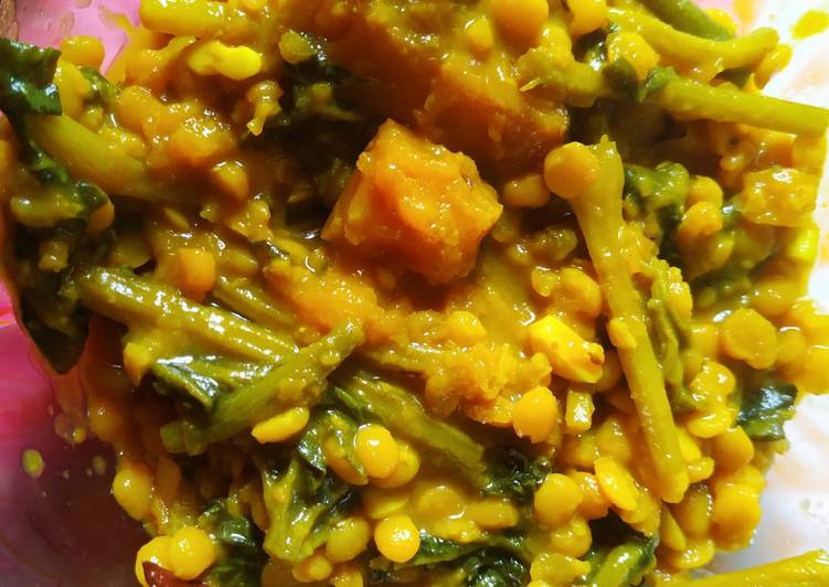 Simple Way to Make Super Quick Homemade Pumpkin greens in yellow peas dal