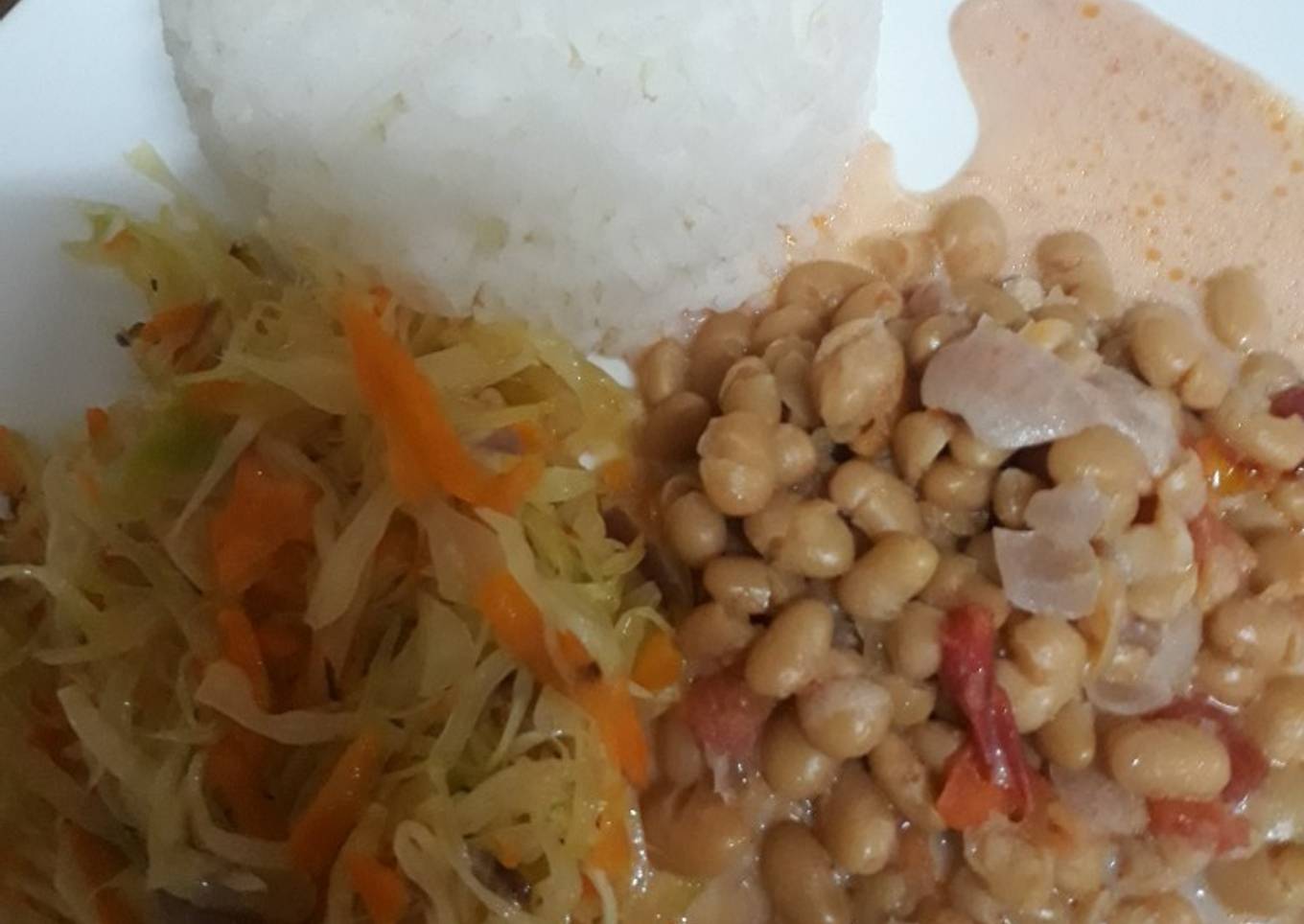 Rice, steamed cabbage and coconut beans