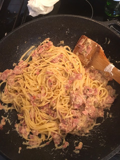 Foto resep Spaghetti Carbonara (Turkey Bacon)