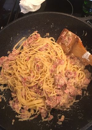 Foto resep Spaghetti Carbonara (Turkey Bacon)