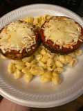 Veggie parmesan over mac & cheese
