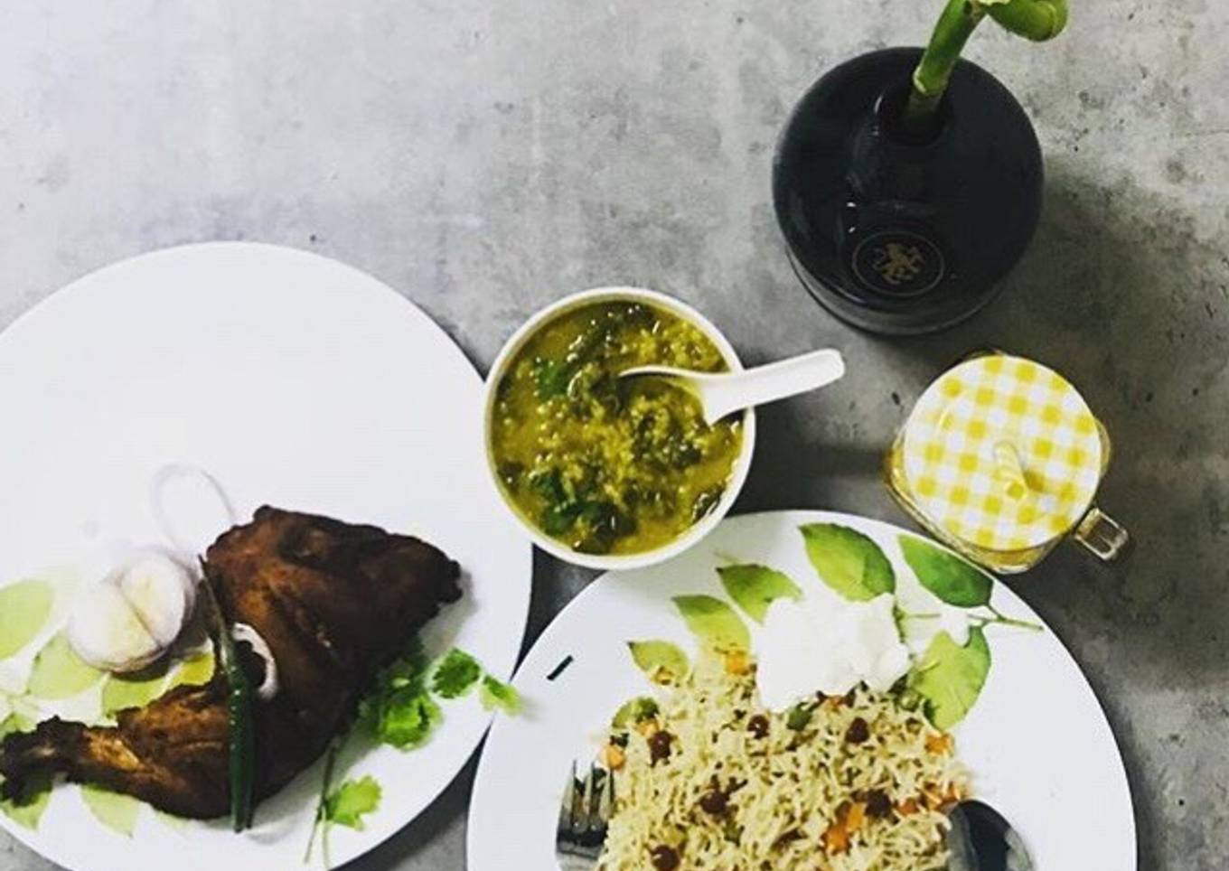 Easy veg fried rice with kerala style chicken fry and dal palak curry