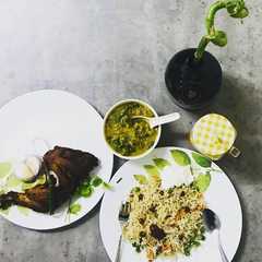 A picture of Easy veg fried rice with kerala style chicken fry and dal palak curry.