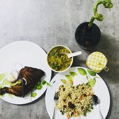 A picture of Easy veg fried rice with kerala style chicken fry and dal palak curry.